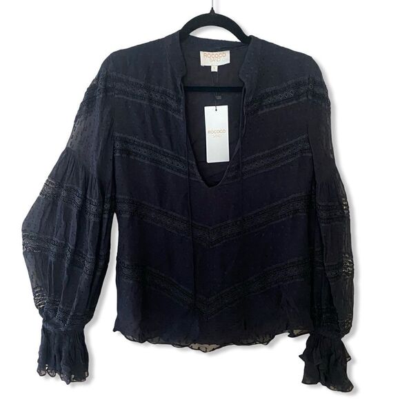 Rococo Sand x REVOLVE Selene Blouse in Black peasant sleeve beaded sheer top new - Picture 4 of 13